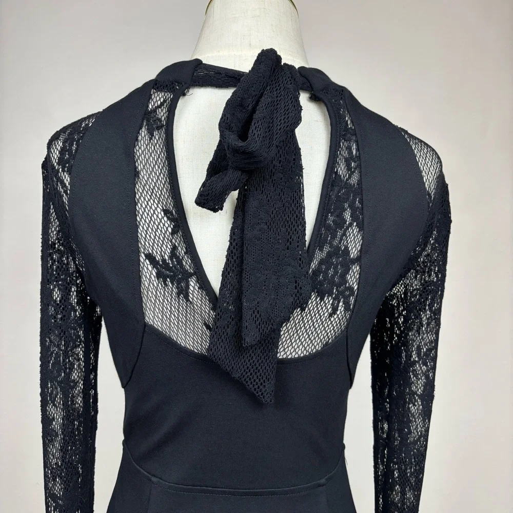 Free People It's Now or Never Lace Bodycon Dress Bell Sleeve Open Back Black S